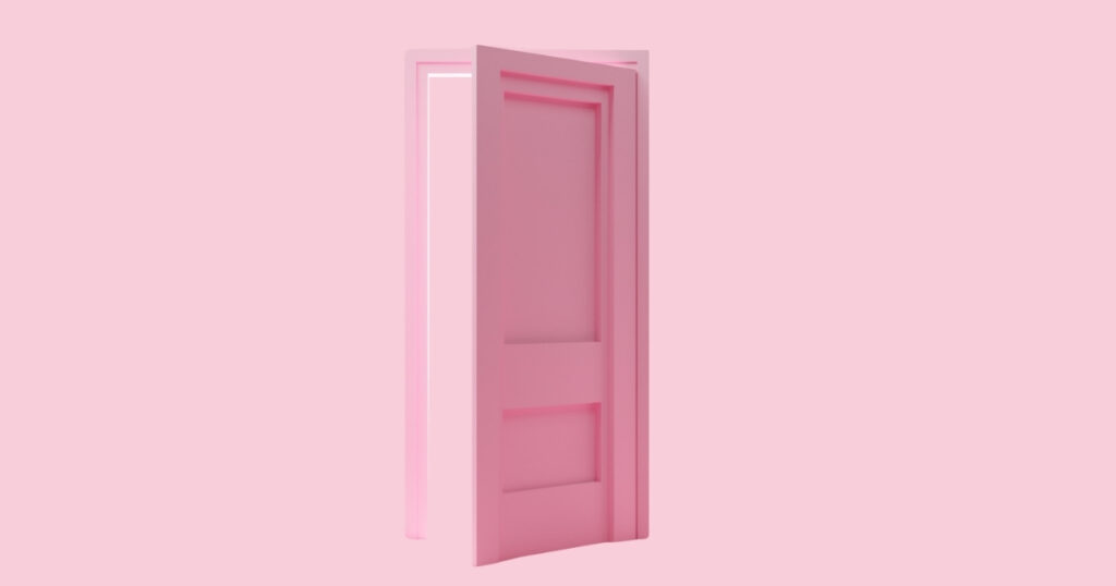 Open pink door on pink background.