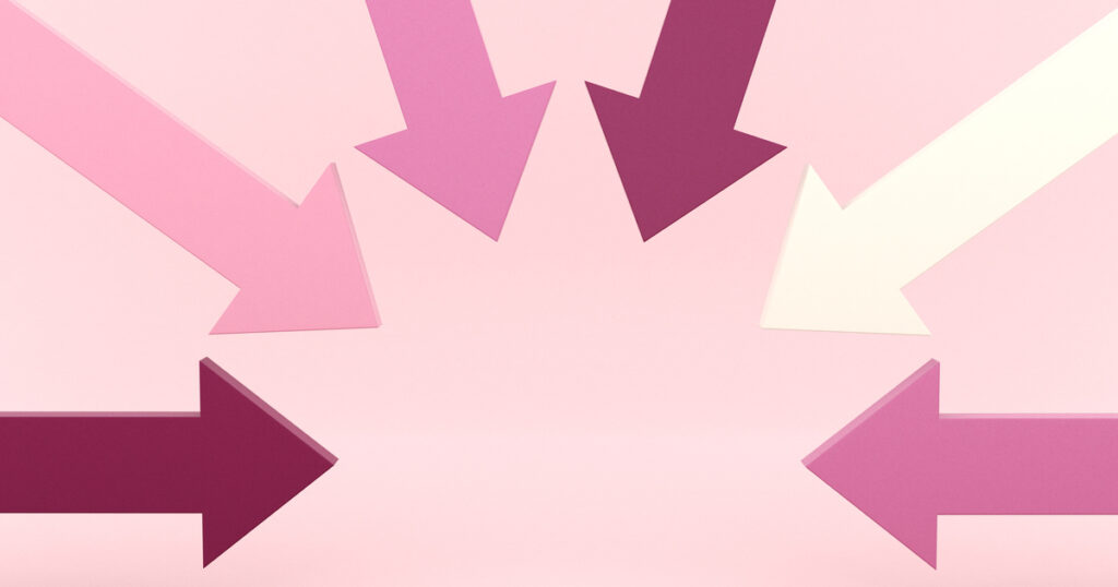 Pink and purple arrows pointing inward