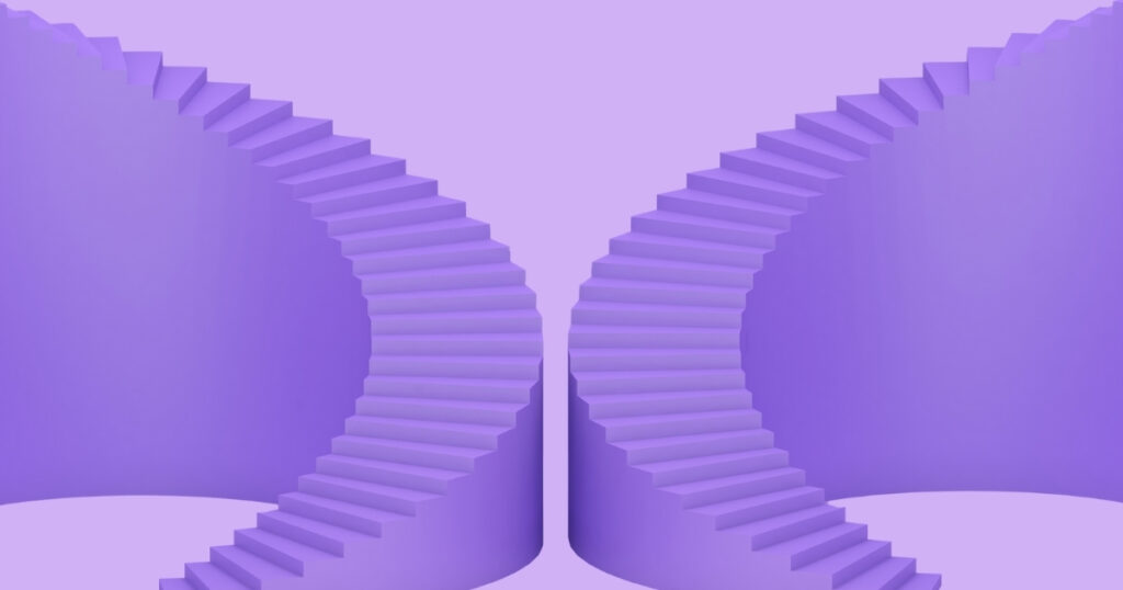 Symmetrical purple staircases against pastel background.