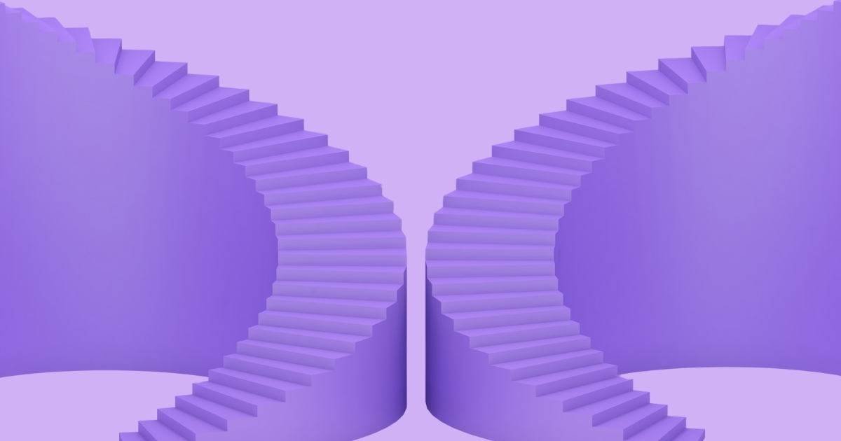 Symmetrical purple staircases against pastel background.