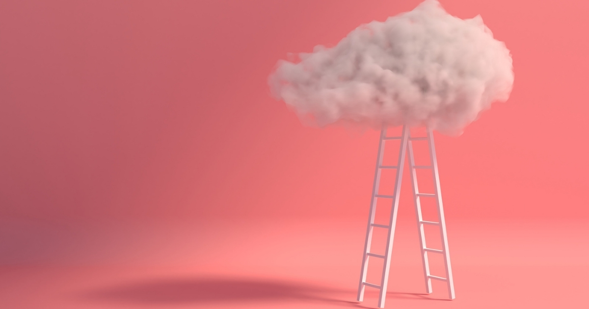 Two ladders reach a fluffy cloud