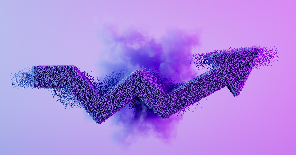 Purple 3D arrow made of particles.