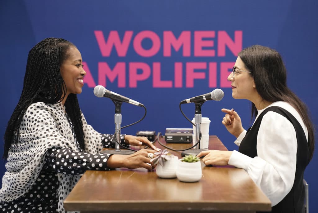 Laysha Ward, left, interviews Reshma Saujani at the MA Conference for Women