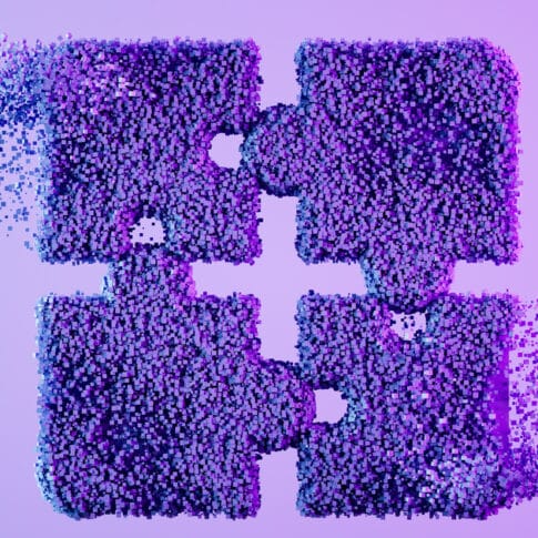 Jigsaw puzzle pieces with cube shaped particles on neon lighting purple background, business concept, problem solving. Digitally generated image. 3d render.