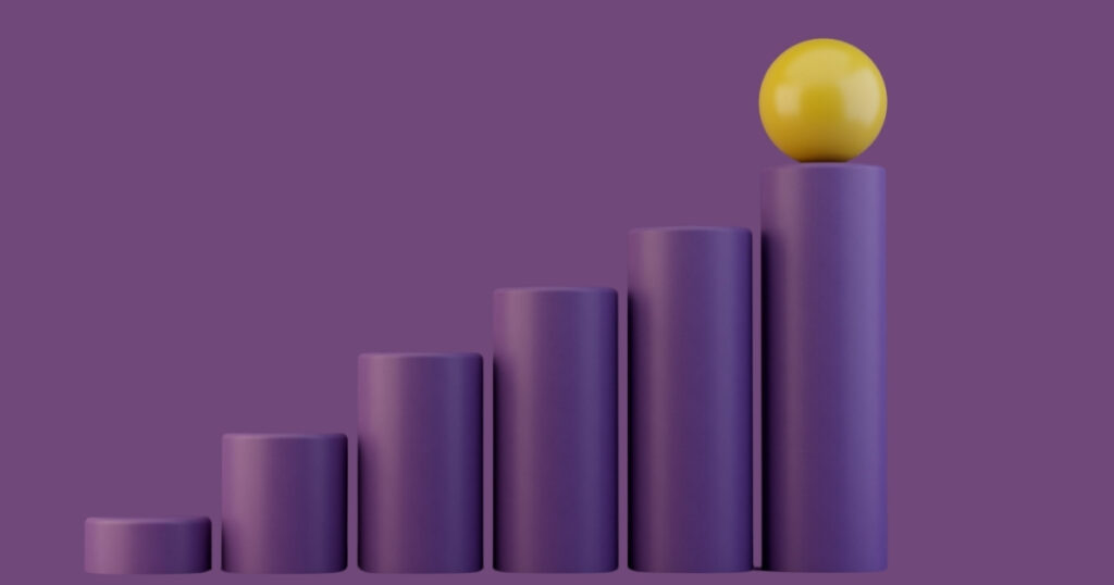 Yellow ball on ascending purple cylinders
