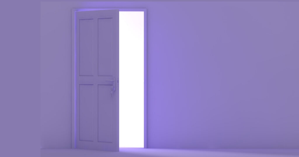 A purple door opening into bright light.