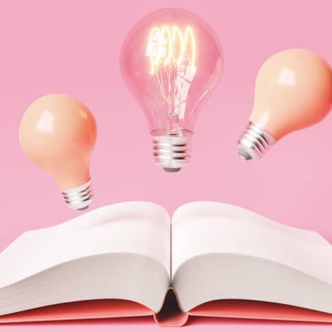 3d rendering of glowing and pink light bulbs levitating above opened book with empty pages for new idea on pink background