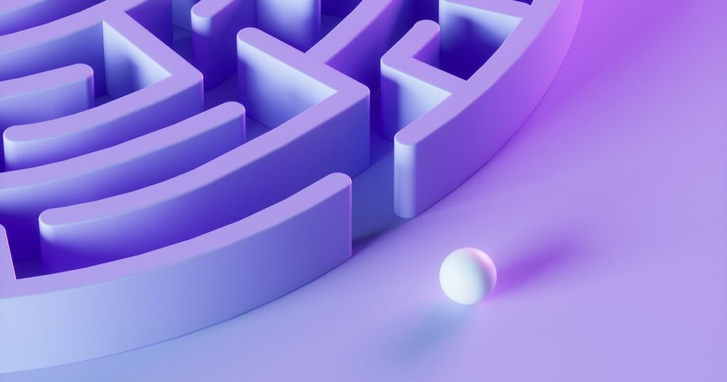 3D maze and sphere in purple light