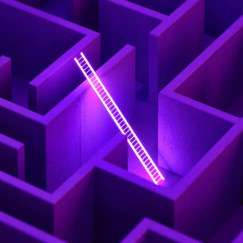 Glowing white ladder in a purple maze. Strategy and getting away from all concept.