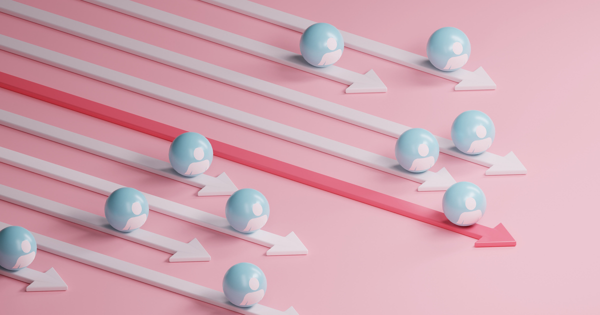 Blue spheres on arrows, one red arrow leads