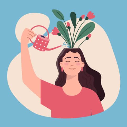 think positive mindset with woman watering flowers on head