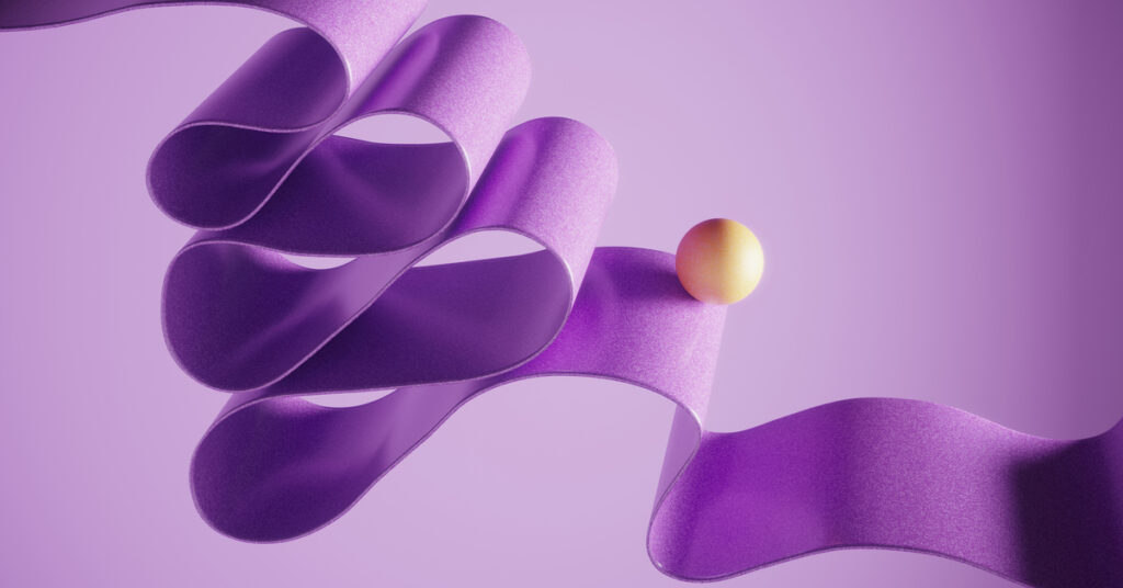 Purple ribbon with orange ball on gradient background.