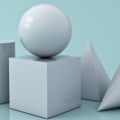 White Geometry 3D Graphic Shapes Cube Pyramid Cone Cylinder Sphere isolated on blue green pastel color background with reflections and shadows 3D rendering