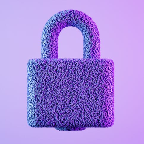 Padlock with particles on neon background. Digitally generated image.