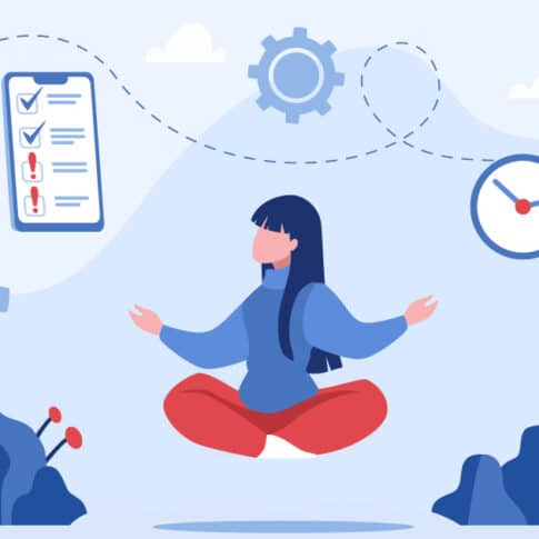 calm businesswoman meditating to help focus and concentrate