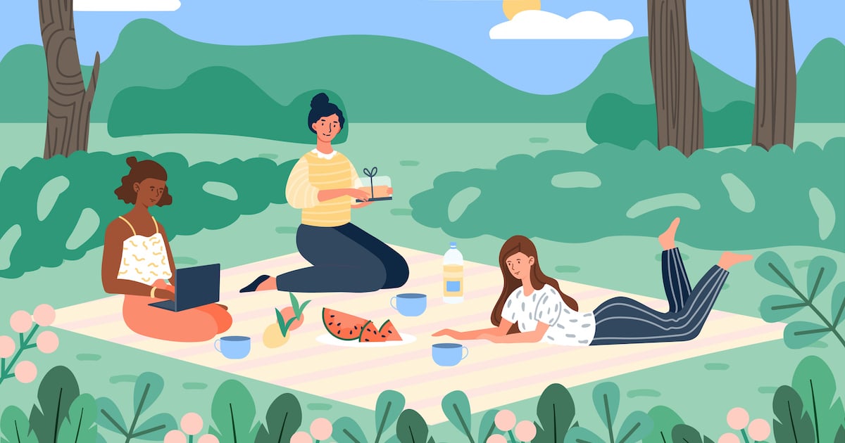 Illustration of three women enjoying a picnic in warm weather