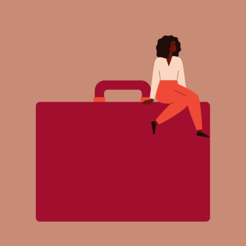 Illustration of a woman sitting on top of an oversized briefcase