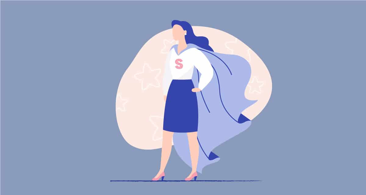 business woman wearing super hero cape with a letter S on her chest, vector