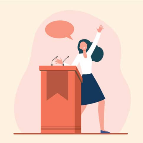 cheerful woman speaking in front of podium, vector