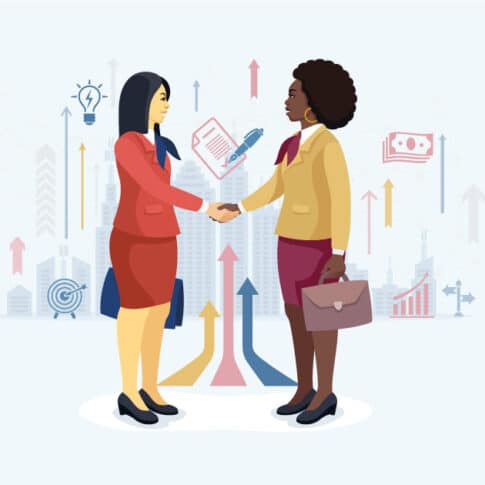 two women shaking hands after negotiations, vector illustration