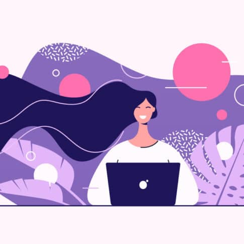 cheerful woman with laptop surrounded by tropical leaves