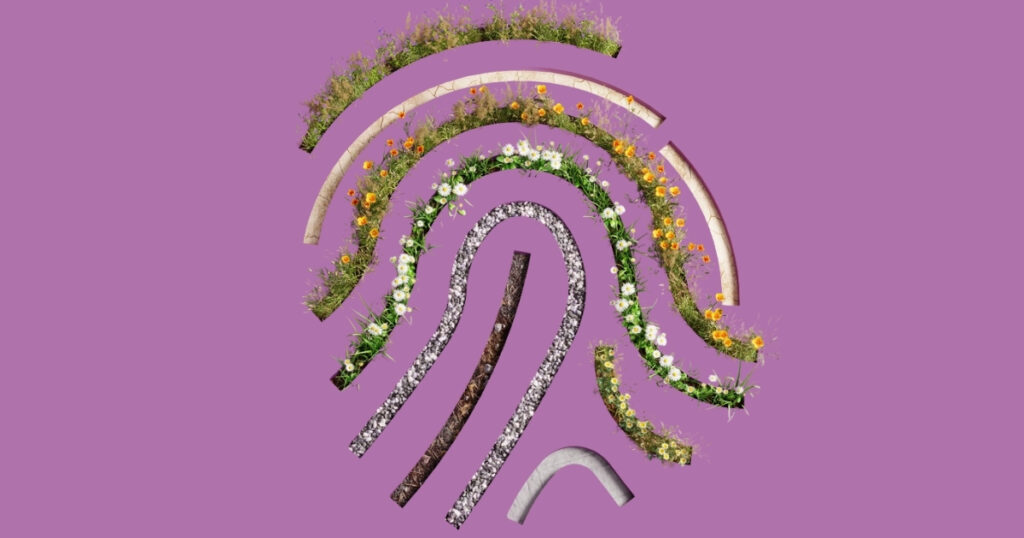 Fingerprint pattern with colorful flowers on purple background