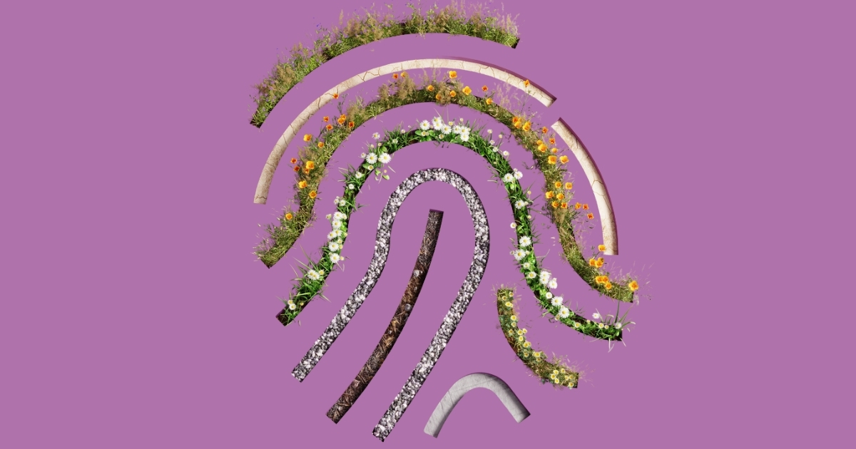 Fingerprint pattern with colorful flowers on purple background