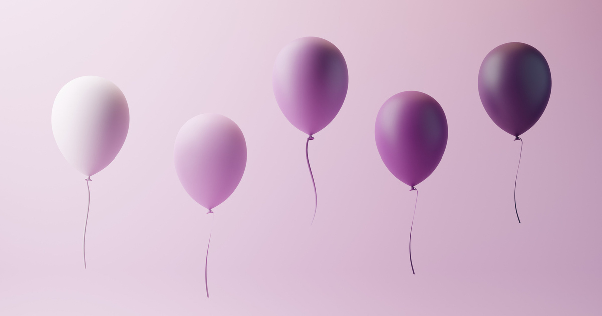 Five floating purple balloons on pink background.