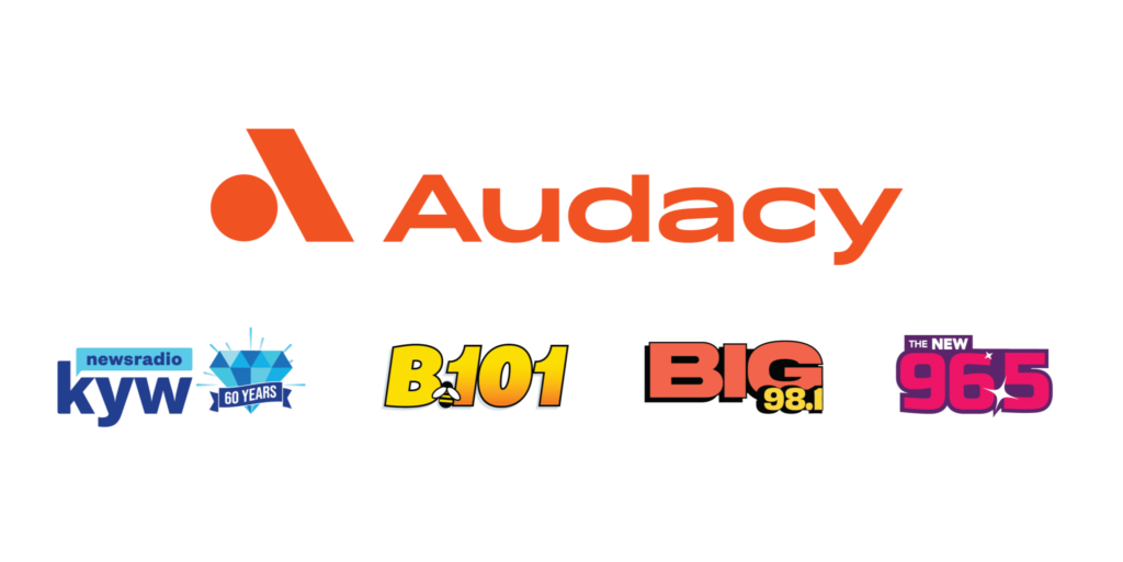 Audacy and radio station logos.