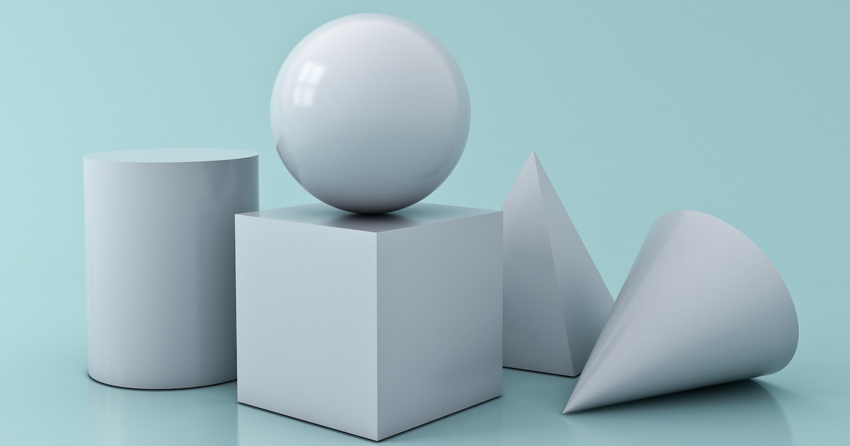 White Geometry 3D Graphic Shapes Cube Pyramid Cone Cylinder Sphere isolated on blue green pastel color background with reflections and shadows 3D rendering