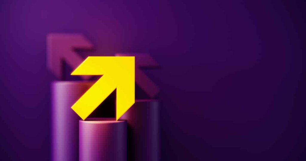 Yellow arrow shape glowing before purple background. Horizontal composition with copy space. Standing out from the crowd concept.