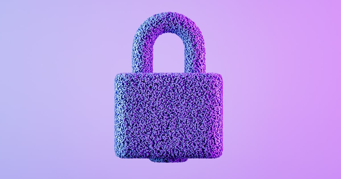Padlock with particles on neon background. Digitally generated image.
