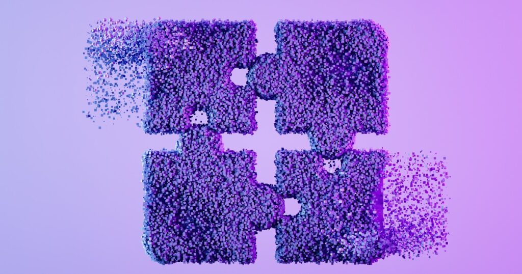 Jigsaw puzzle pieces with cube shaped particles on neon lighting purple background, business concept, problem solving. Digitally generated image. 3d render.