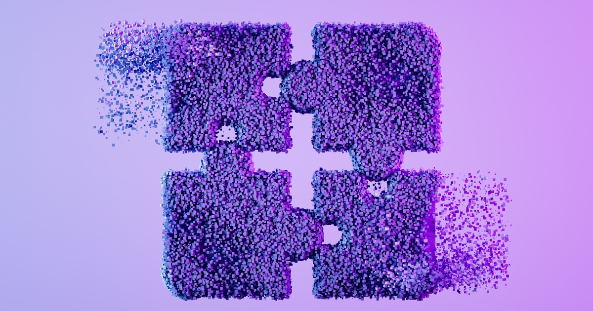 Jigsaw puzzle pieces with cube shaped particles on neon lighting purple background, business concept, problem solving. Digitally generated image. 3d render.