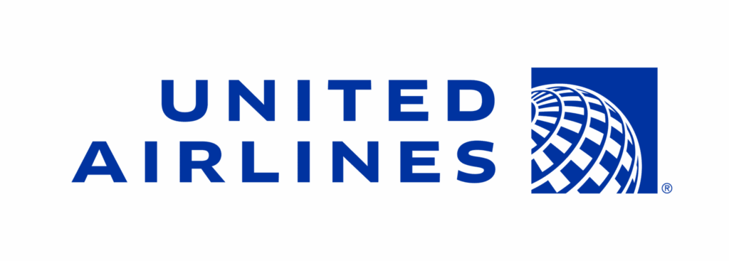 United Airlines logo, blue text and globe.