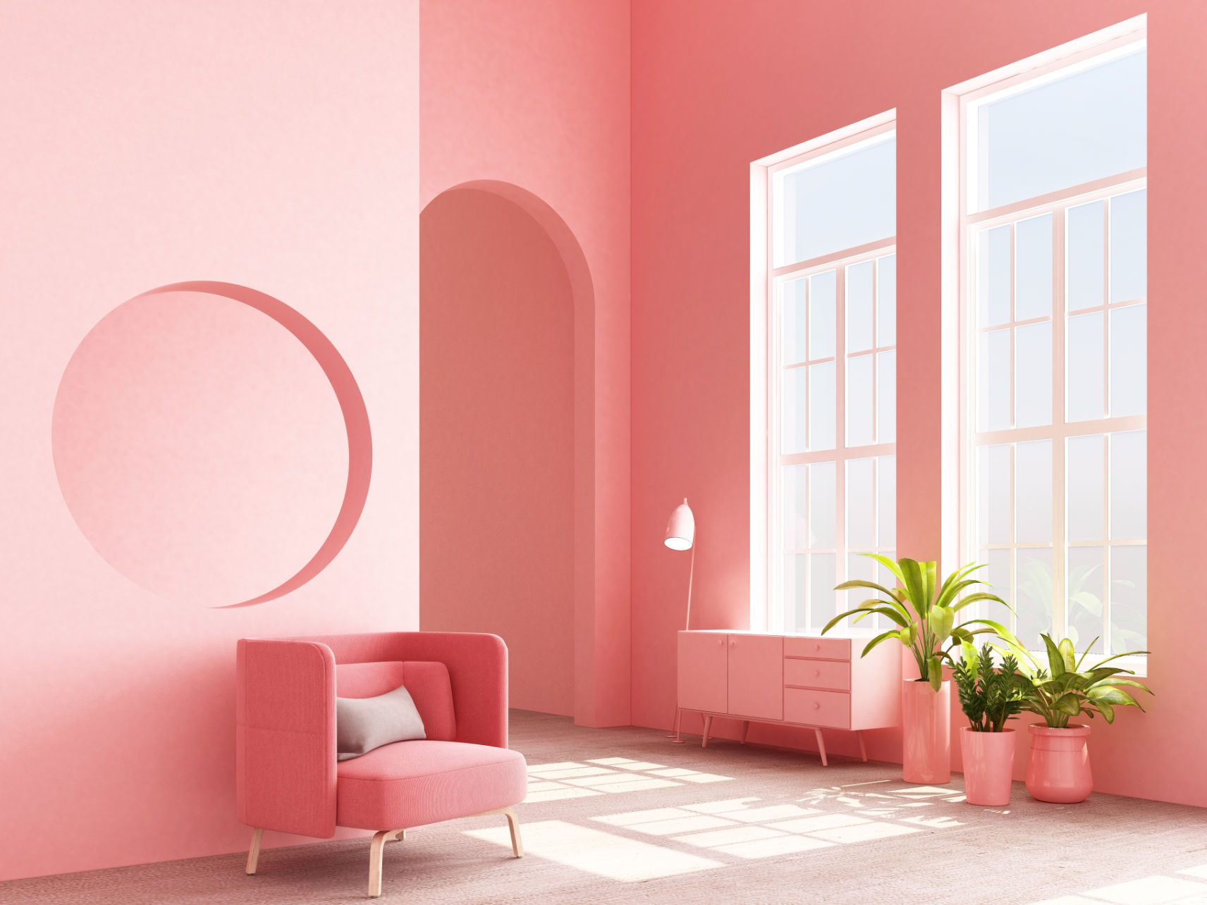 minimalist pink room with armchair and plants