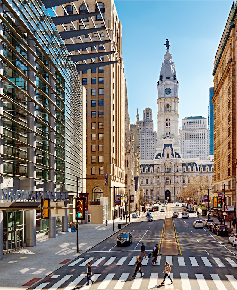 Philadelphia street with convention center and city hall