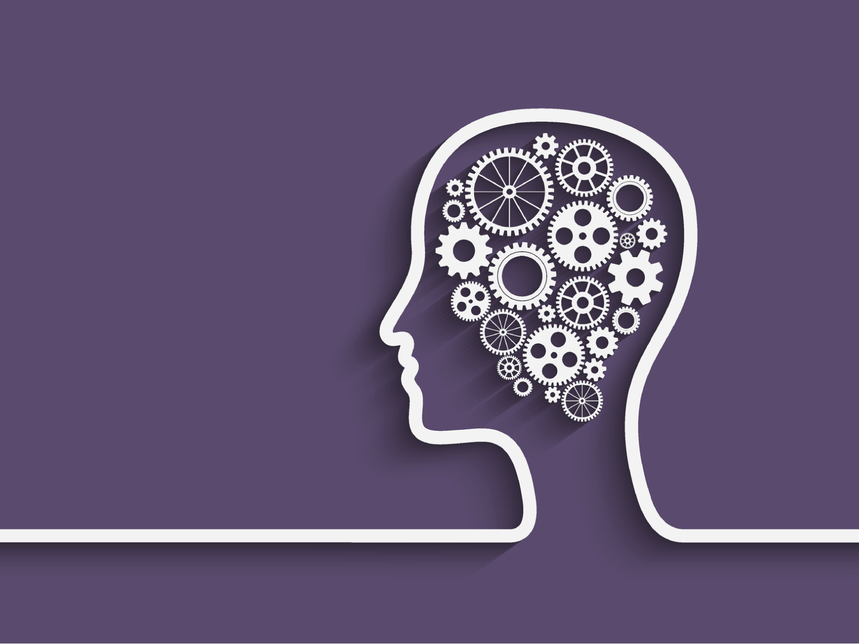 human head silhouette with gears on purple background