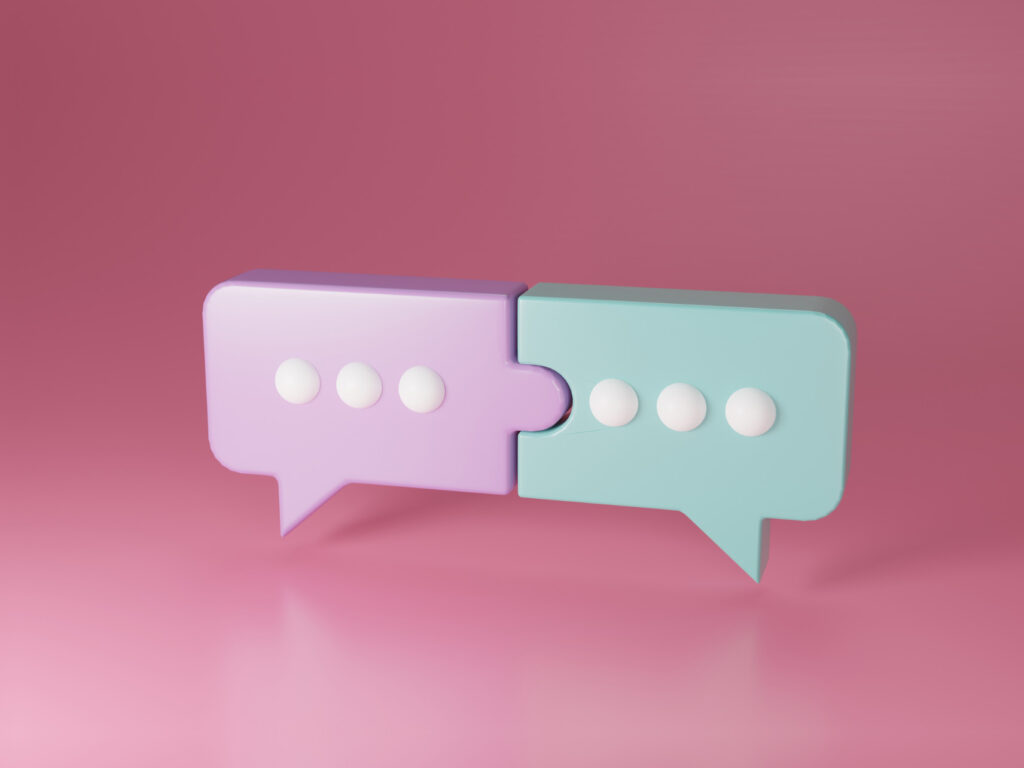 3D chat bubbles connected like a puzzle on a pink background