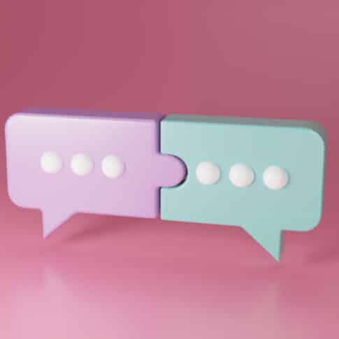 3D chat bubbles connected like a puzzle on a pink background