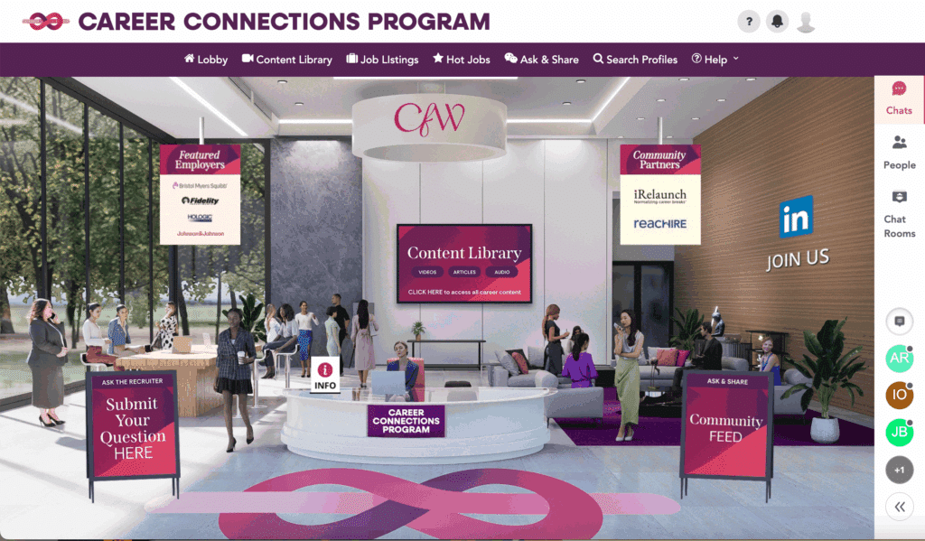 Virtual career fair lobby with employers and resources