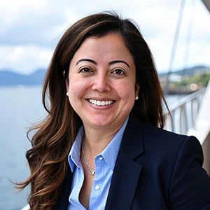 Smiling woman in business attire outdoors