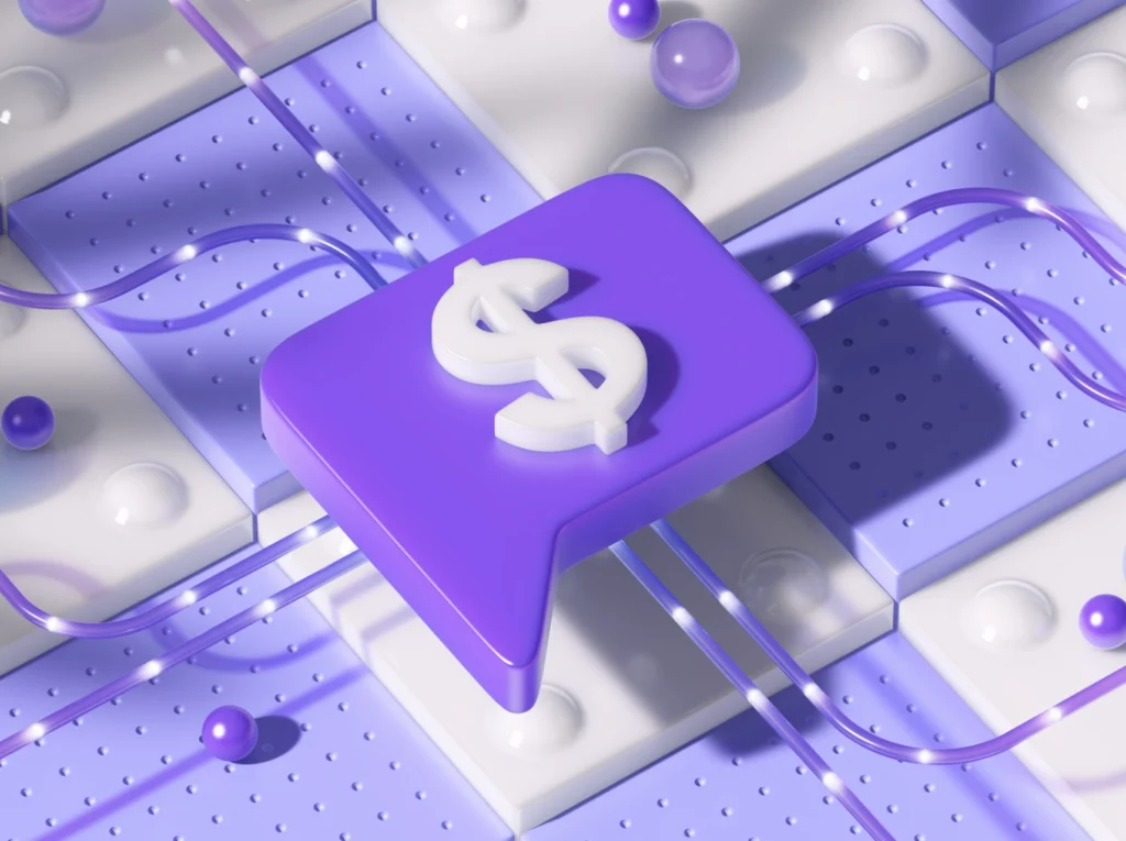 3D dollar sign on purple chat bubble