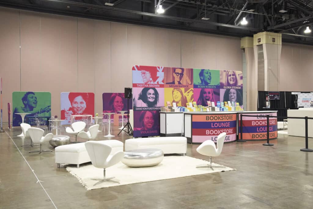 Colorful bookstore lounge with seating area