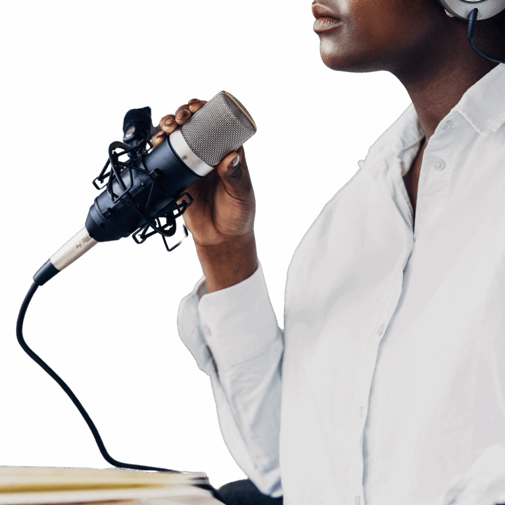 Person speaking into studio microphone