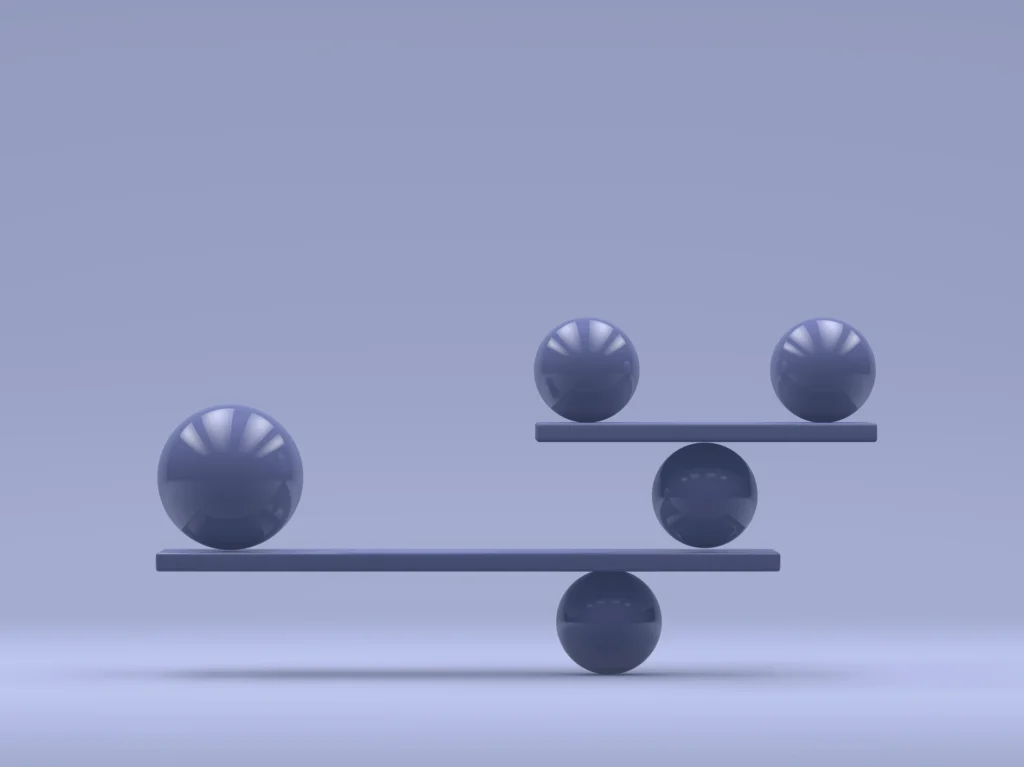 purple 3D spheres on balance beams