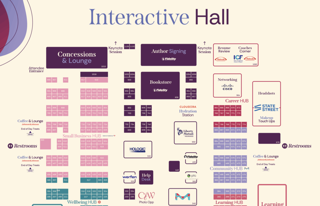 Interactive hall event floor plan with labeled hubs