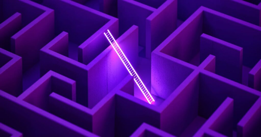Glowing white ladder in a purple maze. Strategy and getting away from all concept.