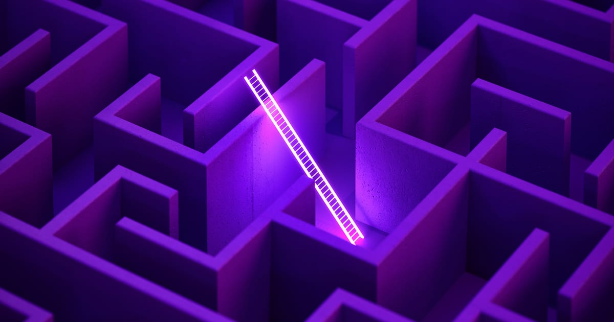 Glowing white ladder in a purple maze. Strategy and getting away from all concept.