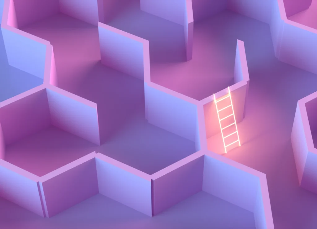 glowing ladder in purple 3D maze